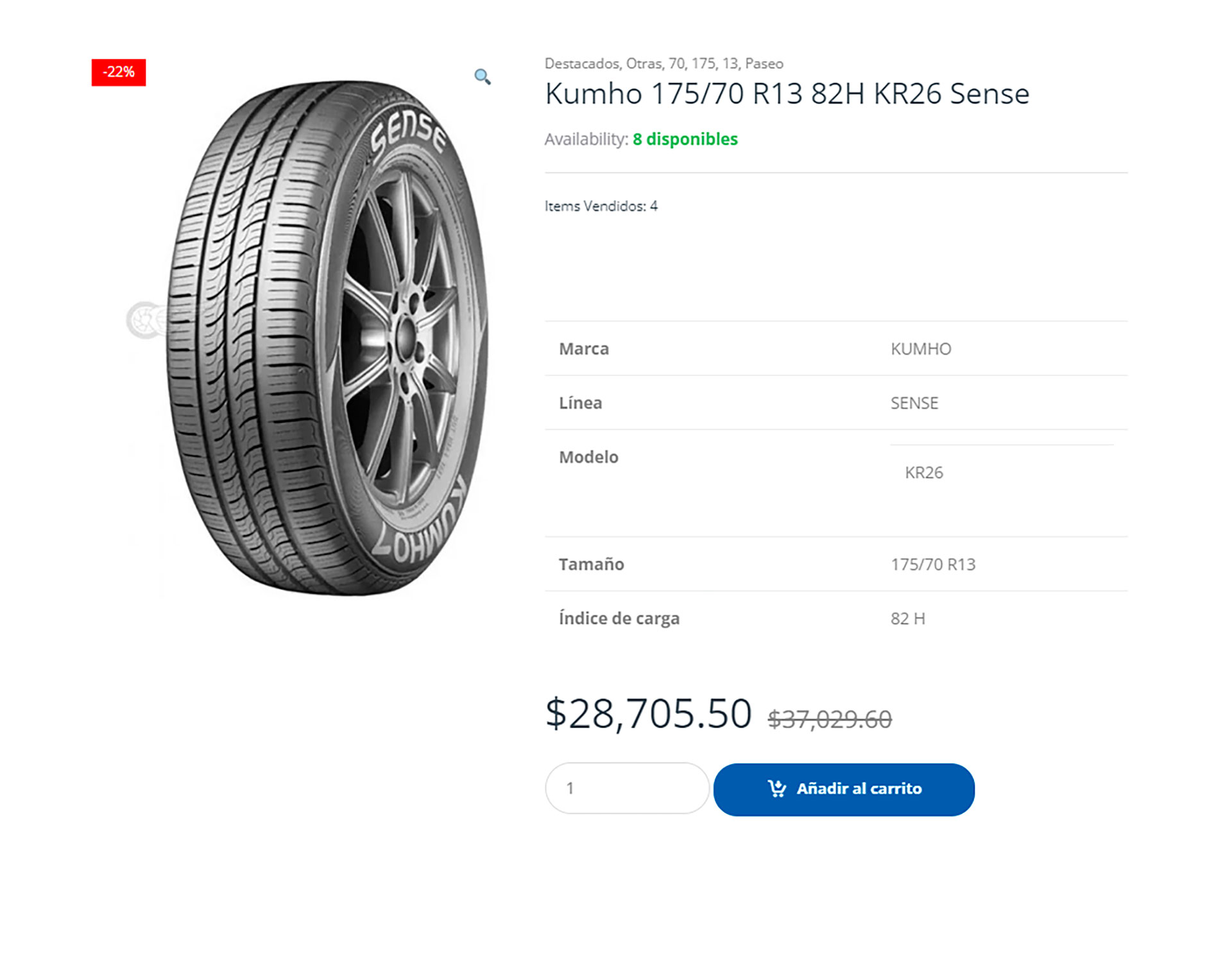 La llanta Kumho 175/70 R13 82H KR26 Sense está en $28,705.50 pesos