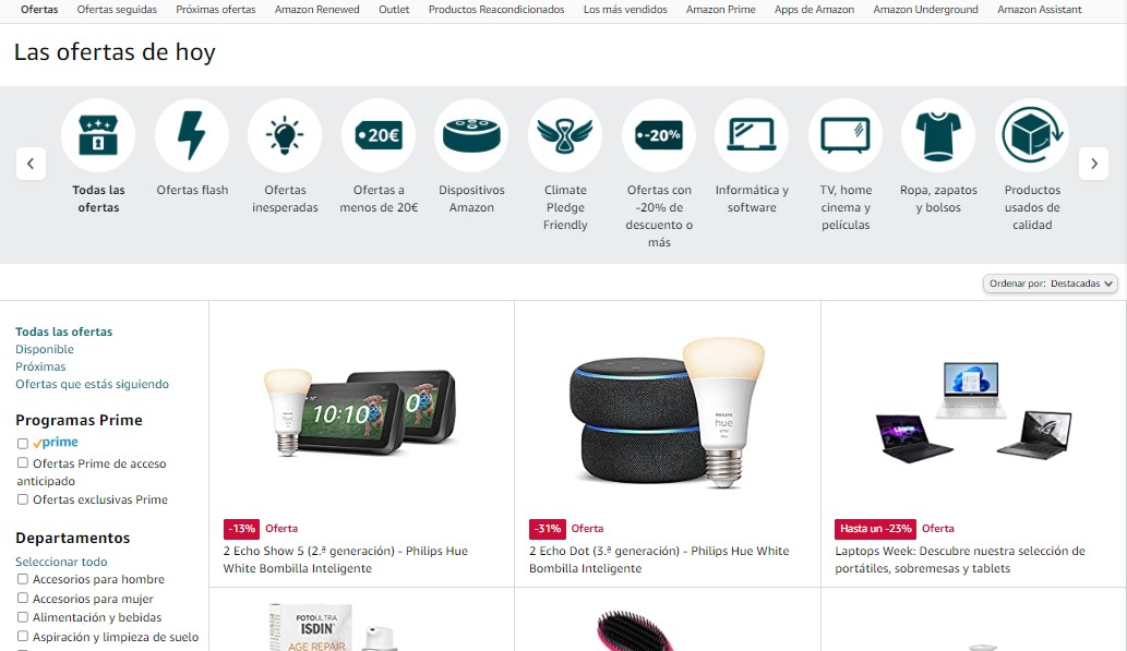 Amazon tiene una página dedicada a los productos en oferta (Captura de pantalla)