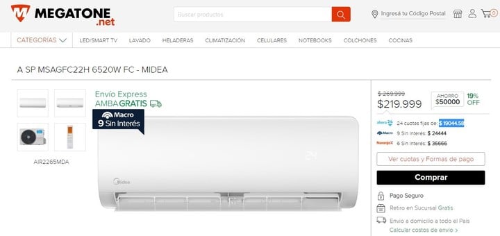Ofertas de aires acondicionados en Megatone